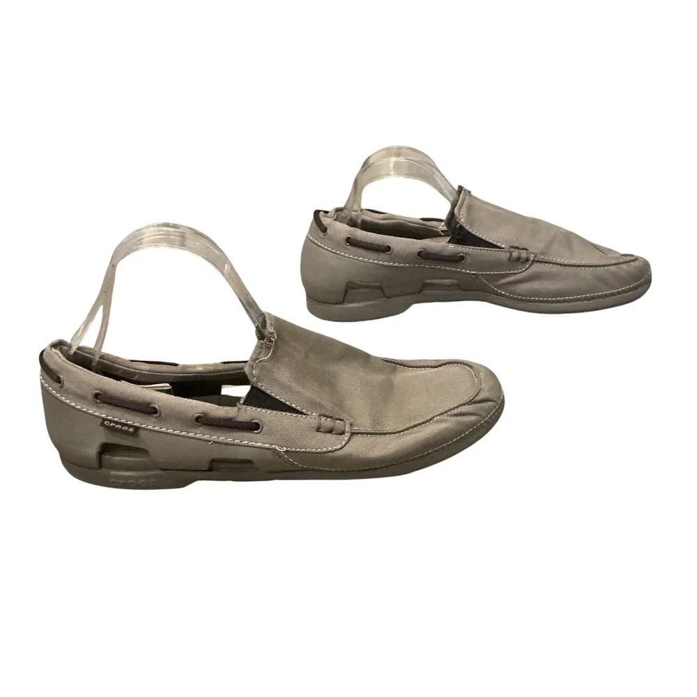 Crocs‎ Beach Line Boat Shoes Mens 13 Khaki Tan Canvas Slip On Loafers 15386